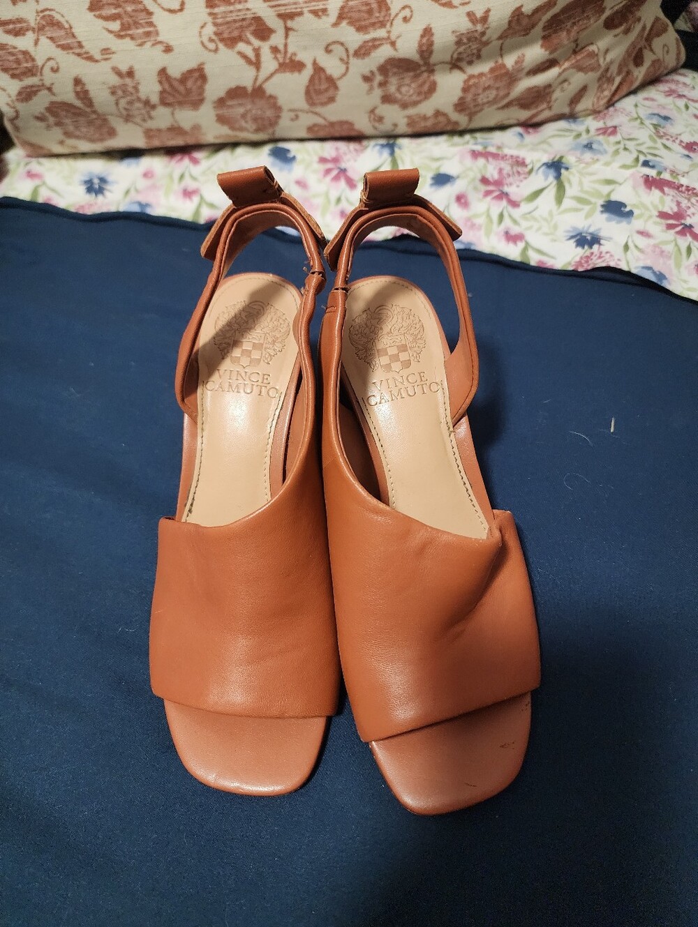 Vince Camuto Cognac Leather Square-Toe Slingback Heels